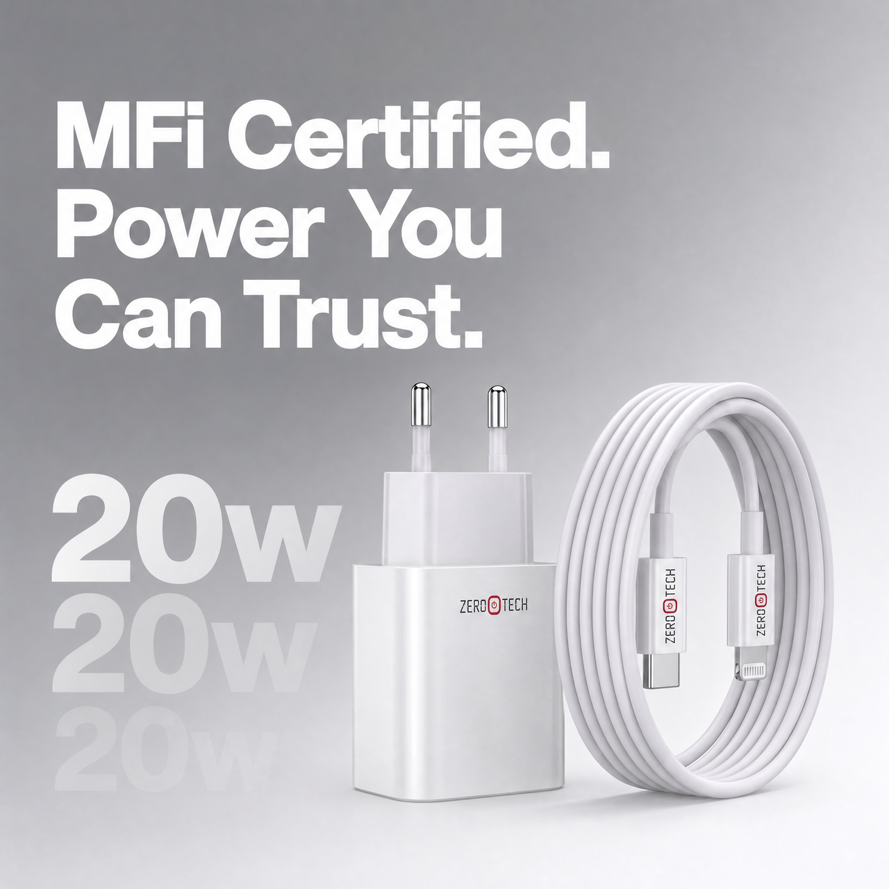 شاحن زيروتك 20 وات مع كابل USB-C إلى لايتنينج | معتمد MFI