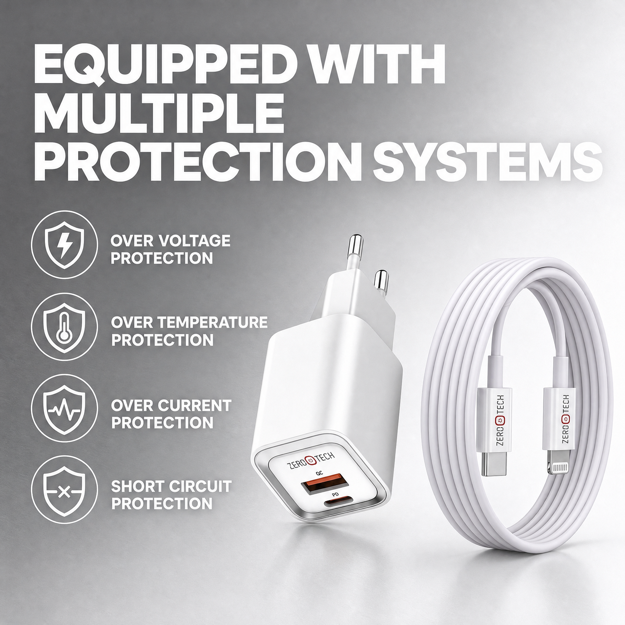 شاحن زيروتك 20 وات مع كابل USB-C إلى لايتنينج | معتمد MFI